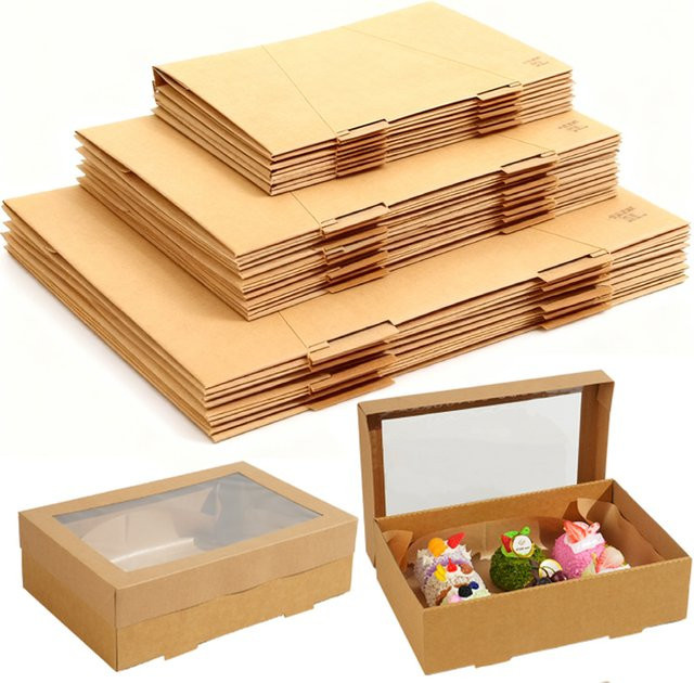 10 Stück braune Kraftpapier-Gebäckboxen mit Fensterdeckel für Kekse, Kuchen, Donuts und Muffins - Bild 1