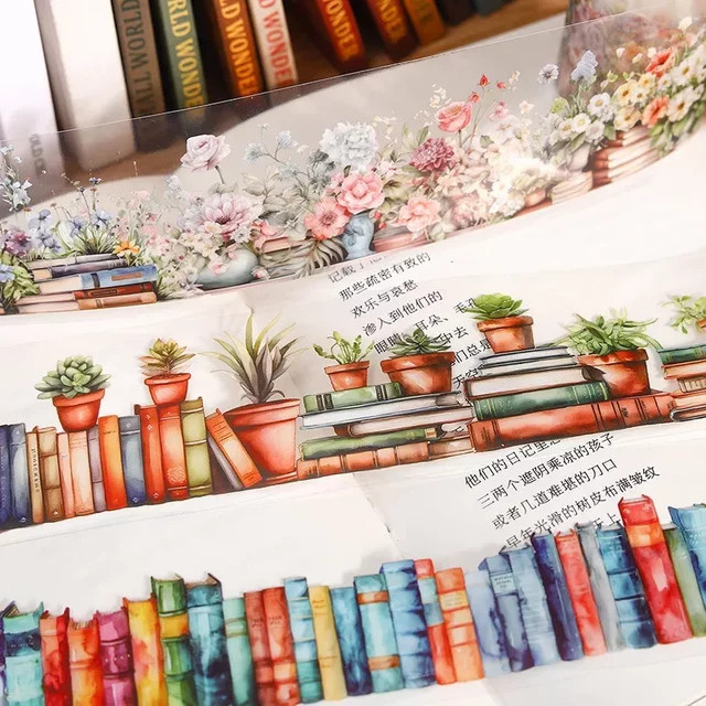 YCDBTH DIY Klebeband mit Bücherlandschaft-Motiv, PET Washi Tape für Sammelalben, Breite: 5 cm, Länge: 2 m, Mehrfarbig - Bild 1