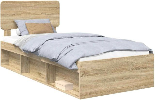 vidaXL Bettrahmen mit Kopfteil aus Massivkiefer und Holzwerkstoff in Sonoma Eiche, Farbe Braun, B/T/H: 90 x 190 cm - Bild 1