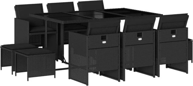 vidaXL 11-tlg Garten-Essgruppe aus schwarzem PE-Rattan mit Kissen und Hartglas-Tischplatte - Bild 1