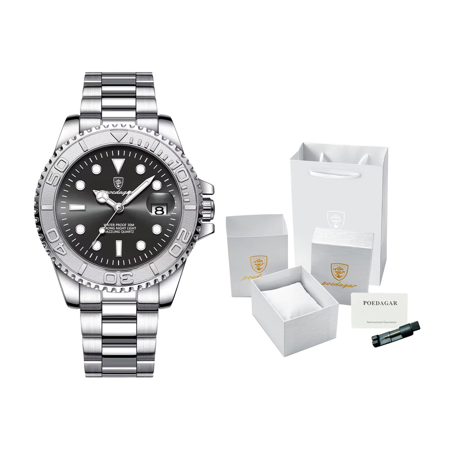 POEDAGAR Armbanduhr Edelstahl, Quarz, Schwarz, Herren - Bild 1