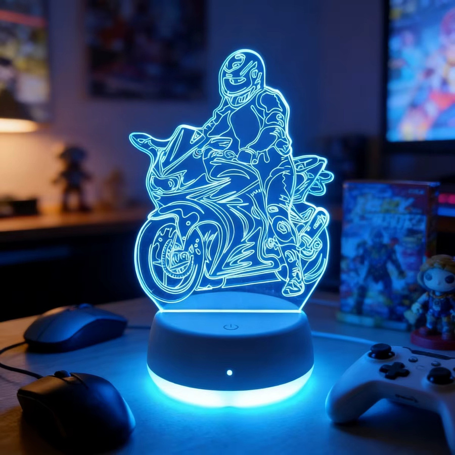 3D-Motorradfahrer LED-Nachtlicht mit USB-Anschluss und RGB-Farbverlauf in Weiß und Mehrfarbig für dein Schlafzimmer und den Schreibtisch - Bild 2