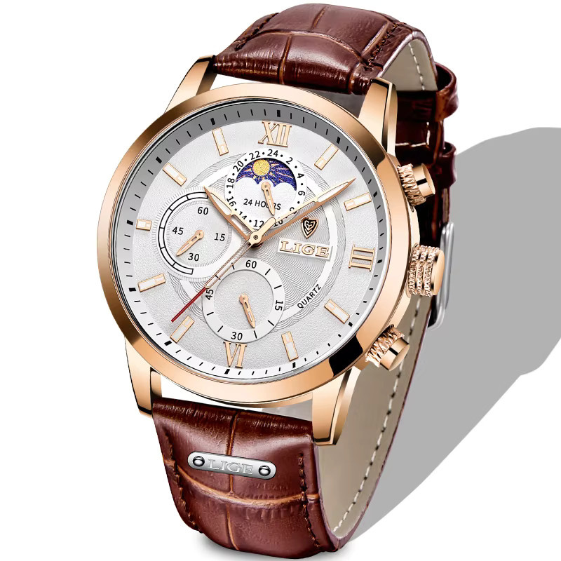 LIGE Chronograph Armbanduhr, Leder, Quarz, Roségold, Herren - Bild 7