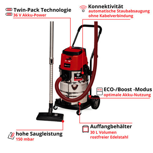 Einhell Power X-Change Akku-Nass-/Trockensauger TP-VC 36/30 S Auto-Solo in Rot/Silber mit 30 l Behältervolumen - Bild 4