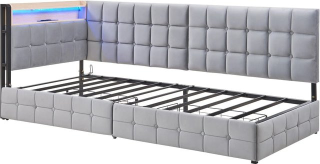 Merax Kinderbett in Grau mit LED-Beleuchtung, USB-Ladeport, integriertem Leselicht und Schubladen, B/T/H: 90 x 200 x 120 cm - Bild 1