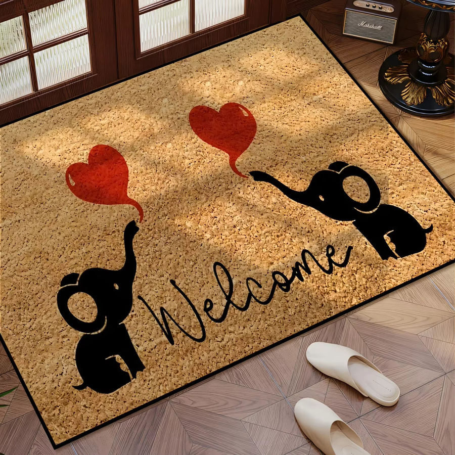 VIKAMA Elefanten Willkommens-Fußmatte in Herzform, rutschfester Coir-Teppich für Innen und Außen, Braun, B/T: 60 x 40 cm - Bild 3