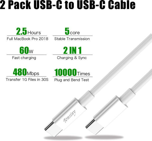 Tonsiny 2er Pack USB-C auf USB-C Kabel 60W Schnellladekabel in Weiß für iPhone 15/16 Pro Max, MacBook, iPad Pro und Samsung mit 480 Mbit/s Datenübertragung - Bild 1