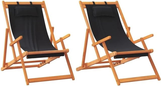 Set aus 2 klappbaren Strandstühlen von vidaXL aus Eukalyptusholz und schwarzem Polyester mit verstellbarer Kopfstütze - Bild 1