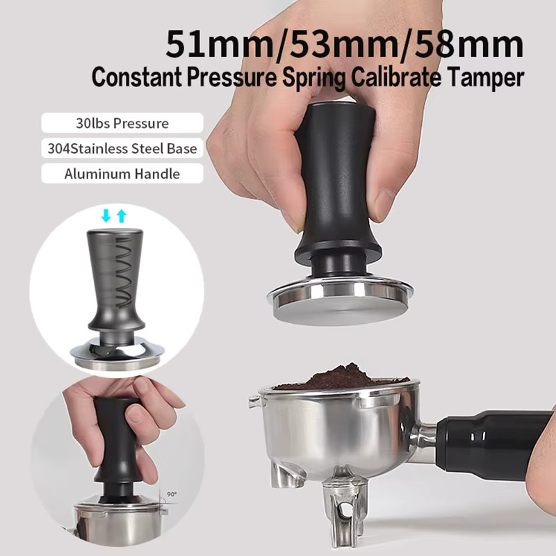 ALIKISSCAFE Espresso-Stampfer aus Edelstahl mit Feder für konstanten Druck, Schwarz, rund, Durchmesser: 51 mm, 53 mm, 58 mm - Bild 4