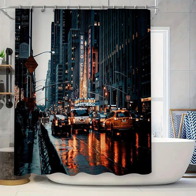 Wasserdichter Duschvorhang NYC Skyline New York City Fotografie von Practical Home Decor, Mehrfarbig, B: 150 cm, H: 180 cm - Bild 1