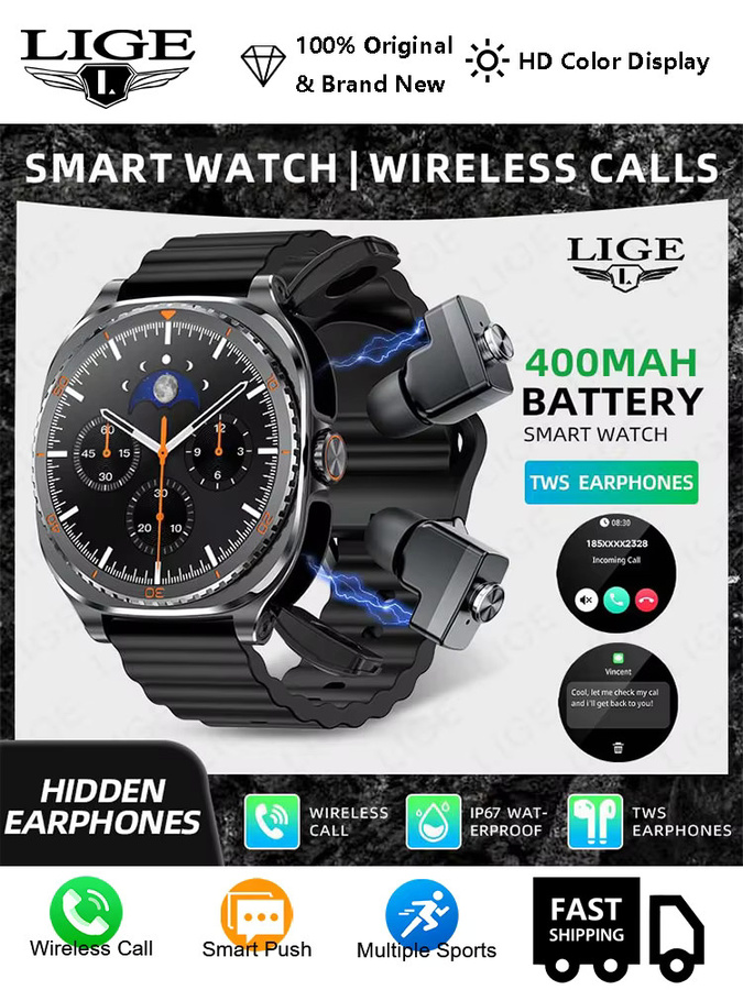 LIGE 2-in-1 Smartwatch mit TWS Bluetooth-Kopfhörern, NFC, Herzfrequenz- und Blutsauerstoffmessung, Schwarz, Unisex - Bild 3