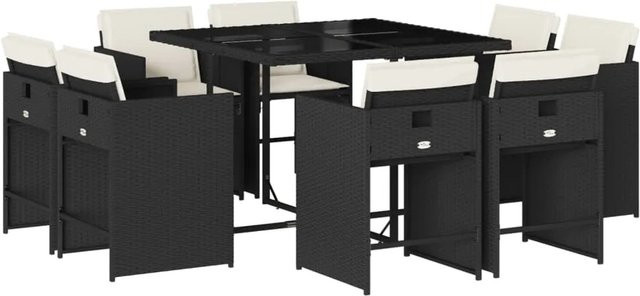 vidaXL 9-tlg Garten-Essgruppe aus PE-Rattan mit Kissen und Hartglas in Schwarz und Cremeweiß - Bild 1