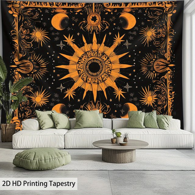 VIKAMA Wandteppich im Bohemian-Stil mit Sonne und Sternen in Schwarzgold - Bild 1