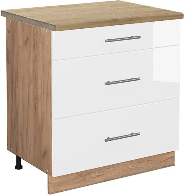 Vicco Küchenunterschrank Fame-Line Weiß Hochglanz und Eiche mit 3 Soft-Close-Schubladen, Breite: 80 cm - Bild 1