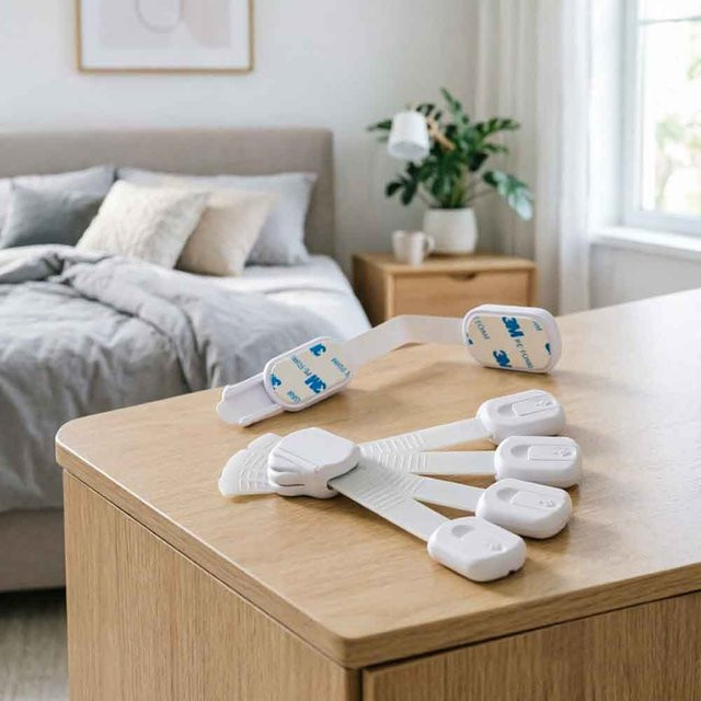 vvocci Kindersicherheit 10-teiliges Gurtschloss-Set Babysicherungen für Schränke, Schubladen, Toilette und Kühlschrank in Weiß - Bild 1