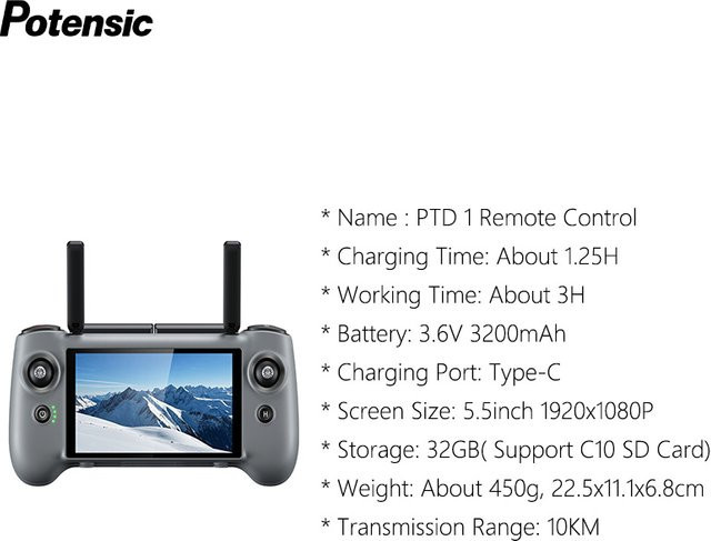 Potensic Fernbedienung für ATOM 2 Drohne mit 5,5 Zoll Bildschirm und 1080P Display in Grau - Bild 1