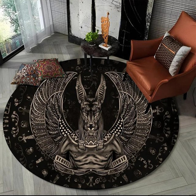 Runder Teppich mit ägyptischen Hieroglyphen von Wucifang Jewelry, Schwarz, Durchmesser: 40 cm - Bild 1
