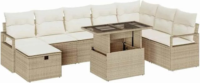 vidaXL Garten-Sofa-Set aus Poly Rattan in Beige, 9-teiliges Lounge-Set mit Kissen und integriertem Stauraum - Bild 1