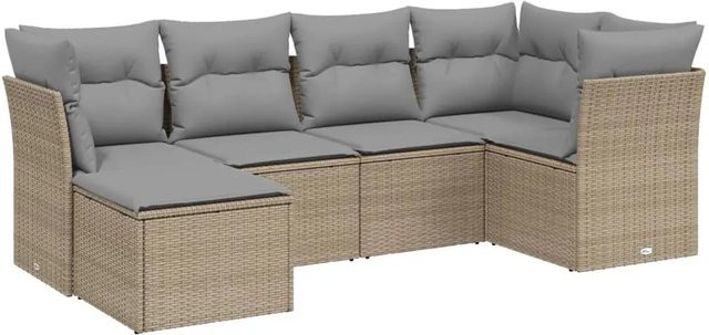 vidaXL 6-tlg Garten-Sofagarnitur aus Poly Rattan in Beige mit Kissen und Ottoman, L-Form mit Metallgestell - Bild 1