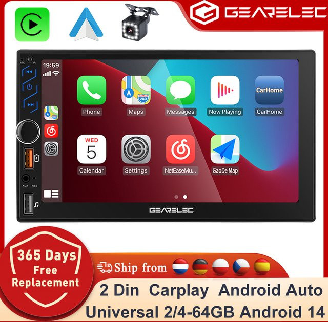 GEARELEC 7 Zoll Autoradio mit Android 14, 2 Din Multimedia-Player mit Carplay, Android Auto, HD Touchscreen und Bluetooth in Schwarz - Bild 1