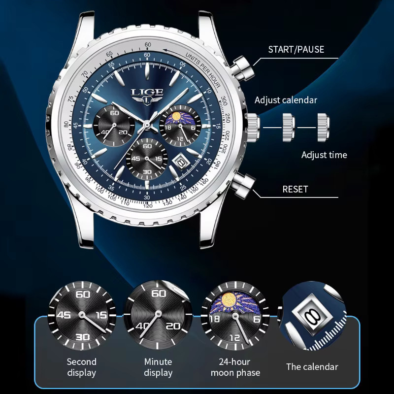 Lige Armbanduhr Quarz, Edelstahl, Mondphase, Datum, Blau, Herren - Bild 4