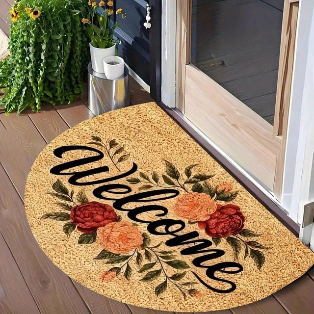 VIKAMA Willkommen Blumen-Fußmatte, halbrunde Eingangsmatte mit floralem Design, maschinenwaschbar, Multicolour, B/T: 60 x 40 cm - Bild 1