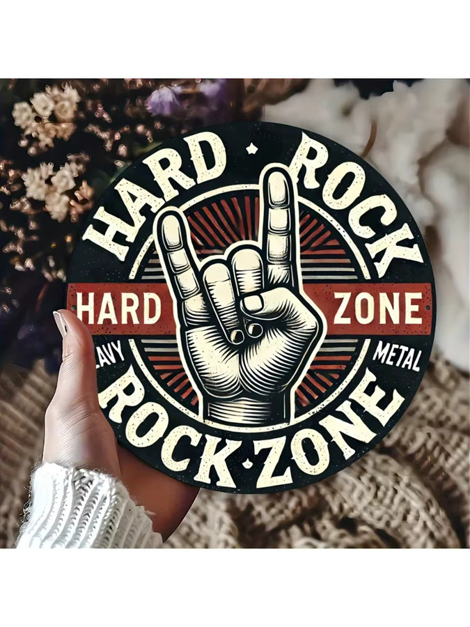 Vintage Hard Rock Rock Zone Blechschild von Zone Denmark, Rundes Metall-Wandbild im Retro-Stil mit Rock On Hand Gesture, Durchmesser: 20 cm, Mehrfarbig - Bild 7