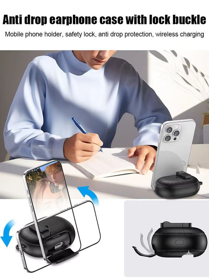 Huawei FreeBuds Pro 5 Schutzhülle aus Leder mit Telefonständer und Schalterverschluss, Schwarz - Bild 7