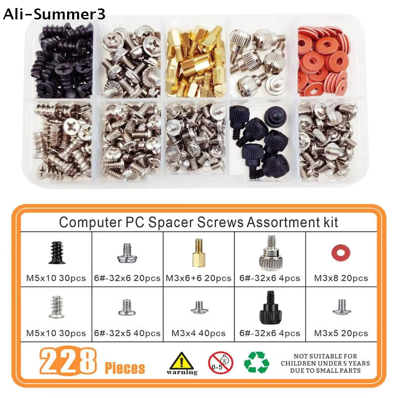 AyS 228-teiliges Sortiment-Kit für PC-Hardware, Motherboard und Gehäuselüfter in Multicolor mit Handschrauben, Abstandshaltern und Unterlegscheiben - Bild 3