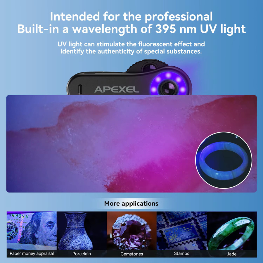 APEXEL 3-in-1 Mikroskop-Set mit LED-Licht und Universalclip für iPhone 17, Pro Max 16 und Android Smartphones, Schwarz - Bild 3