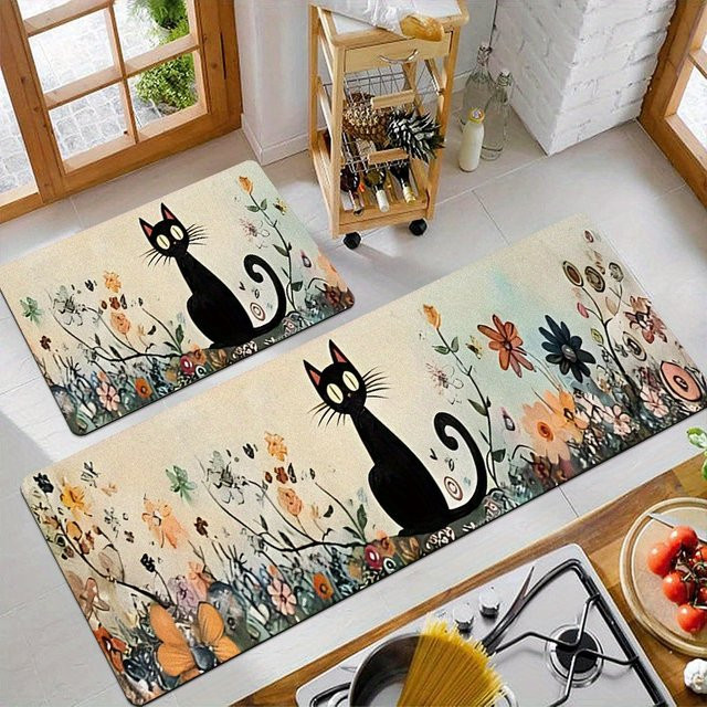 VIKAMA 2-teiliges Teppich-Set mit schwarzer Katze im Cartoon-Design für Küche, Wohnzimmer, Schlafzimmer oder Badezimmer, mehrfarbig - Bild 1