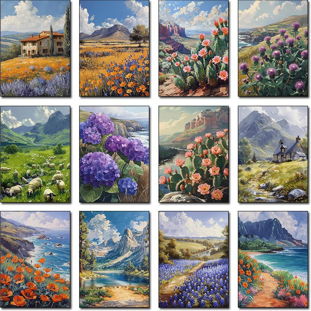 Potdemiel Leinwandgemälde Frühling Landschaft mit Wildblumen und Bergen im Comic-Stil, Mehrfarbig - Bild 1