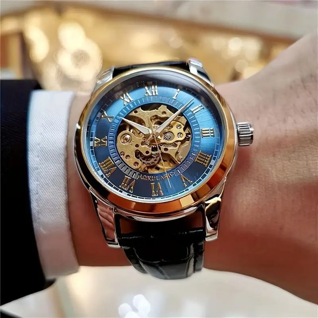 AOKULASIC Armbanduhr Automatik, Edelstahl, Leder, Schwarz, Herren - Bild 1