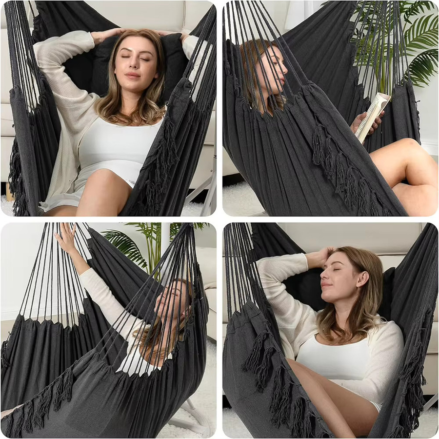 Makramee-Hängesessel im Boho-Design mit 2 Kissen, Egg-Schaukel aus Baumwollseil und Holz in Schwarz und Grau für Innen und Außen - Bild 2
