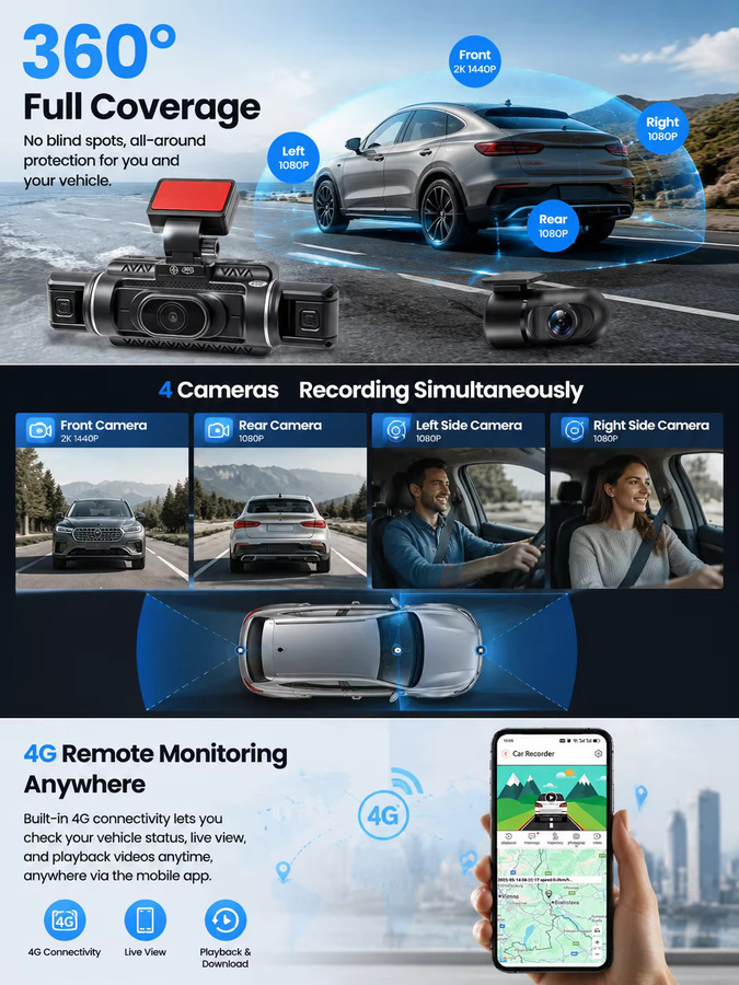 Bluavido 4-Kanal 4G LTE Dashcam mit 1440P Frontkamera und dreifacher 1080P Rückkamera, Schwarz, mit GPS, WLAN, ADAS, BSD und Fernüberwachung - Bild 6