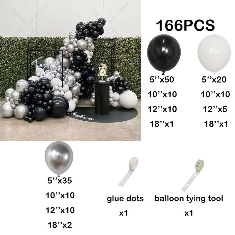LQVYI Ballonbogen Girlande Set aus Latex in Schwarz, Weiß und Silber Metallic für Hochzeit und Geburtstag Dekoration - Bild 2