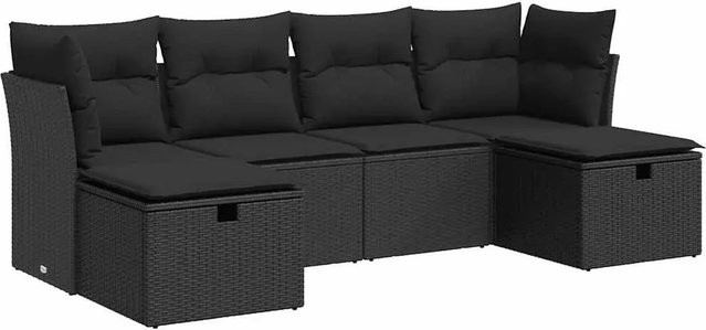 vidaXL 6-tlg. Garten-Sofagarnitur in L-Form aus Polyrattan mit Kissen, Schwarz - Bild 1