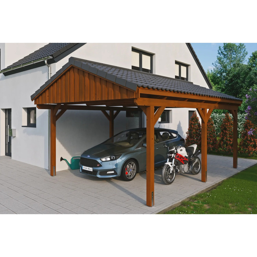 Skan Holz Carport Fichtelberg aus Fichte in Braun mit spitzer Dachform, Breite: 423 cm, Höhe: 326 cm - Bild 2