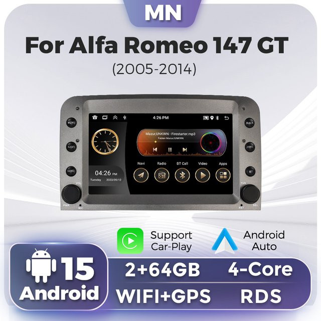NAVIFANS Android 15 Autoradio für Alfa Romeo 147 GT 937 (2005–2014) mit Carplay, Android Auto, GPS Navigation und Multimedia Player in Schwarz - Bild 1