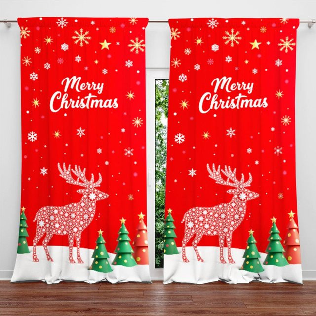 2er-Set Weihnachtselch Vorhang mit Print für die Weihnachtsdekoration, Weiß, B: 52,5 cm, H: 116 cm - Bild 1
