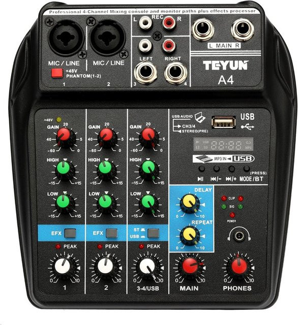 TOMTOP TU04 BT Sound-Mischpult mit 4 Kanälen, 48 V Phantomspeisung, Bluetooth und USB-C in Grau - Bild 1