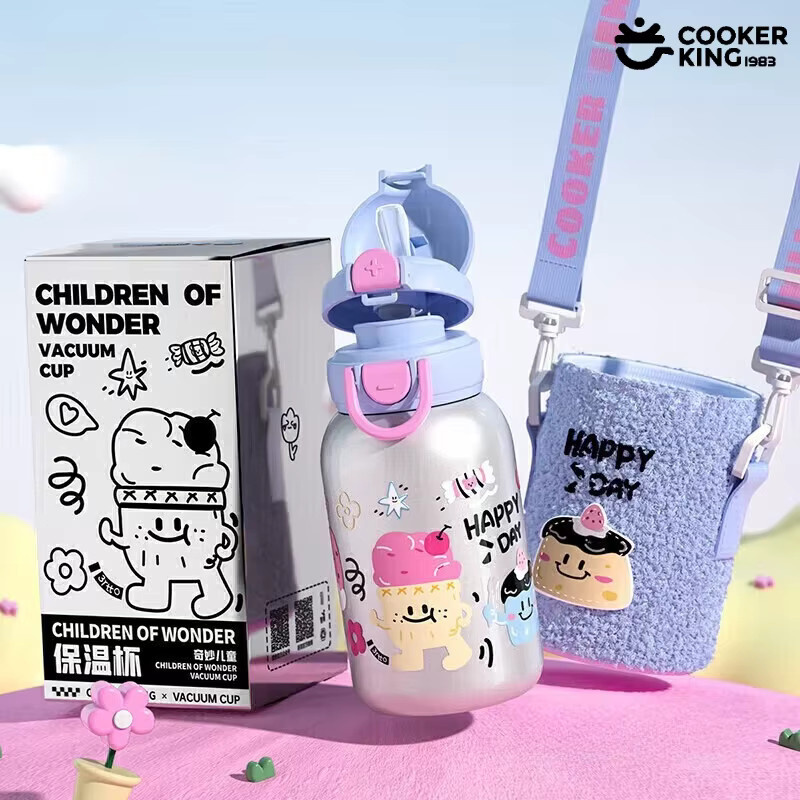 COOKER KING Kinder-Thermosbecher aus 316 Edelstahl mit Strohhalm und Becherhülse, Silber, 550 ml - Bild 1