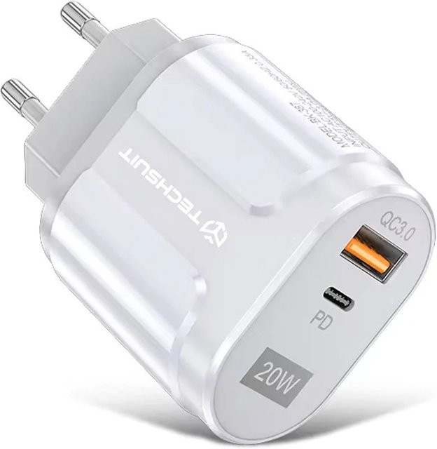 Techsuit Premium Netzladegerät mit 20W und 3A, 1 x USB-A und 1 x USB-C, Weiß - Bild 1