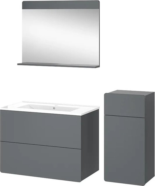Vicco Badmöbel-Set Izan in Grau modern bestehend aus Waschtischunterschrank, Waschbecken, Badspiegel und Midischrank - Bild 2