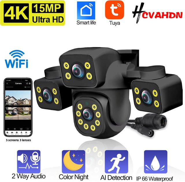 Tuya 4K 15MP WLAN-Sicherheitskamera mit drei Objektiven und drei Bildschirmen, kabellose CCTV-Videoüberwachungskamera mit automatischer Verfolgung und Smart Life Unterstützung, Schwarz - Bild 1
