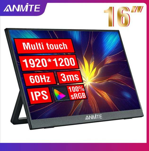 Anmite 16-Zoll Tragbarer Touchscreen-Monitor in Schwarz mit 1200P HDR und 16:10 Format für PC, Laptop, Konsole und Smartphone - Bild 1