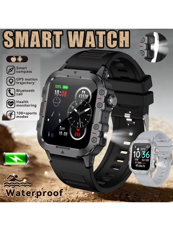 Ola Esporte Outdoor-Smartwatch mit LED-Taschenlampe, IP68 wasserdicht, Herzfrequenz- und Blutsauerstoffüberwachung, Multi-Sport-Modus, in Schwarz oder Weiß - Bild 5