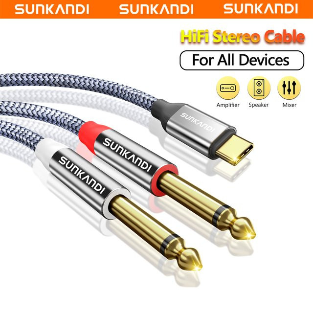 SUNKANDI USB C auf 1/4 Zoll Audiokabel, Typ-C auf Dual 6,35 mm TS-Splitter in Grau und Silber für iPhone 16 15, MacBook und Galaxy, kompatibel mit Mixer, Verstärker und Lautsprechern - Bild 1