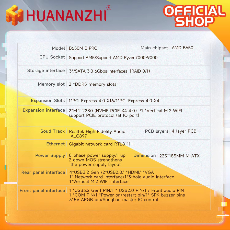 HUANANZHI B650M B PRO Mainboard AM5 für AMD Ryzen 7000 8000 9000 Serie, Micro-ATX, DDR5, M.2 NVMe, WiFi, Schwarz - Bild 3