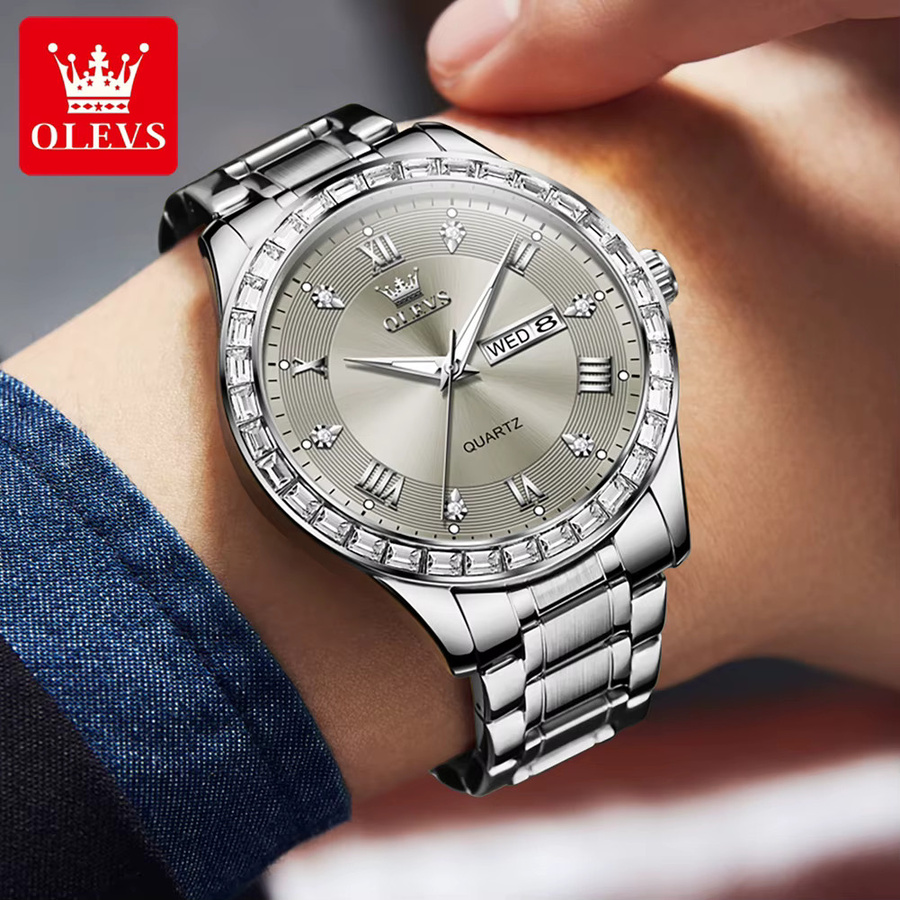 OLEVS Armbanduhr Herren, Quarz, Edelstahl, Diamantbesetzt, Silber - Bild 3